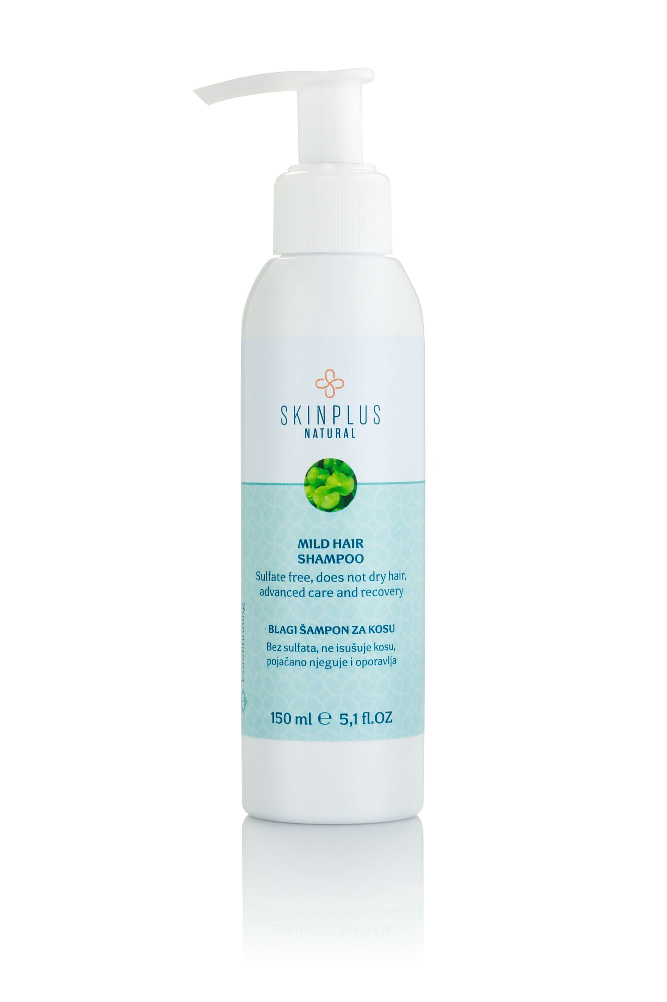 A bottle of Mild Hair Shampoo 150ml in front of white background